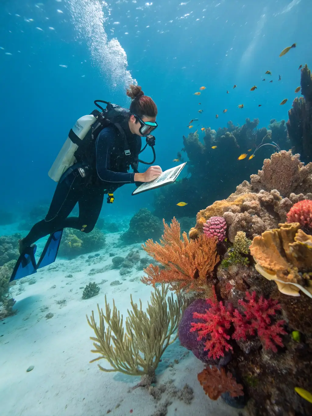 A researcher studying a protected marine species in its natural habitat within the Parc Region Marin Baie, collecting data for conservation efforts.
