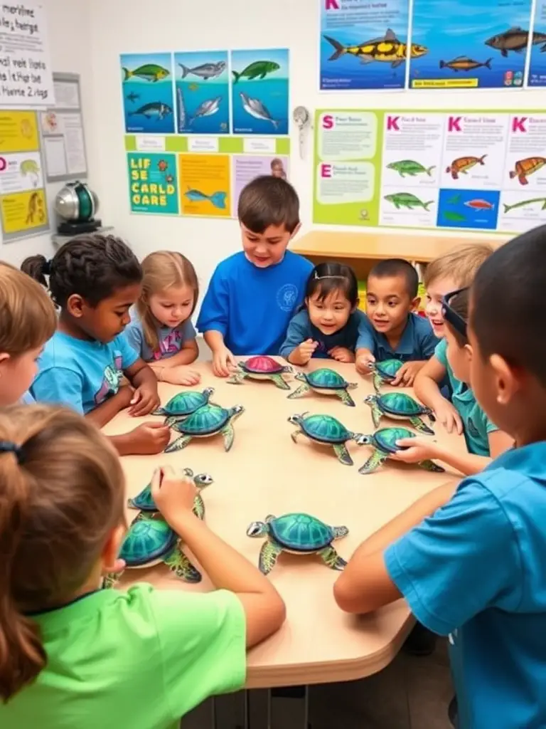 A photograph of children participating in an educational workshop about marine life, learning about the importance of conservation and sustainable practices.