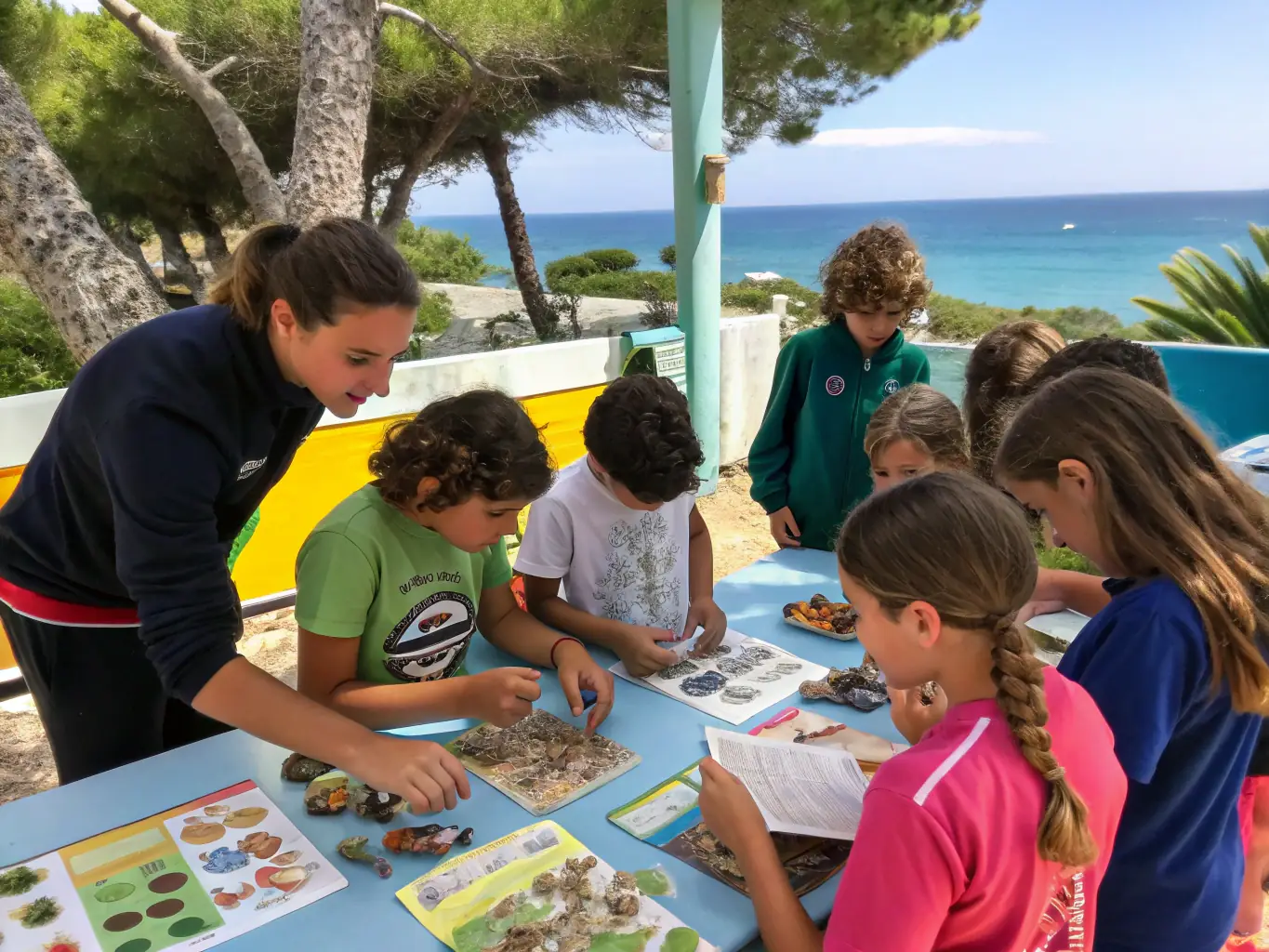 A photograph showcasing a group of students participating in a guided tour of a coastal ecosystem, led by a PRMBLC PARC REGION MARIN BAIE educator.
