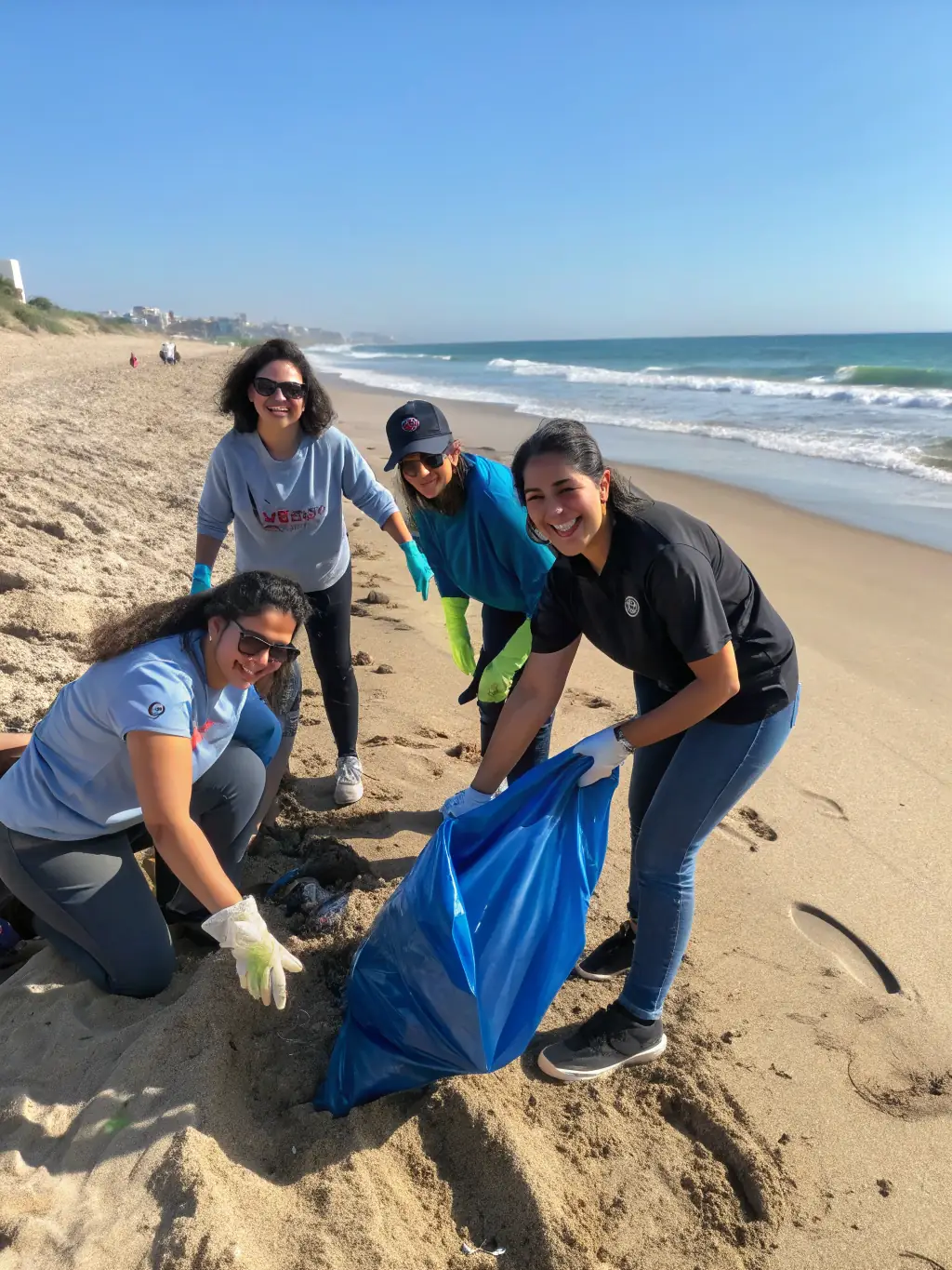 A group of volunteers participating in a coastal cleanup activity, removing plastic debris and other pollutants from a beach in the Parc Region Marin Baie.