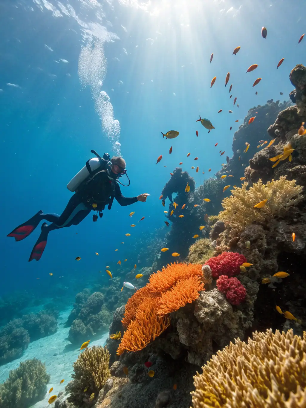 A vibrant underwater scene showcasing a coral reef restoration project in the Baie region, with divers carefully placing coral fragments onto a damaged reef structure.